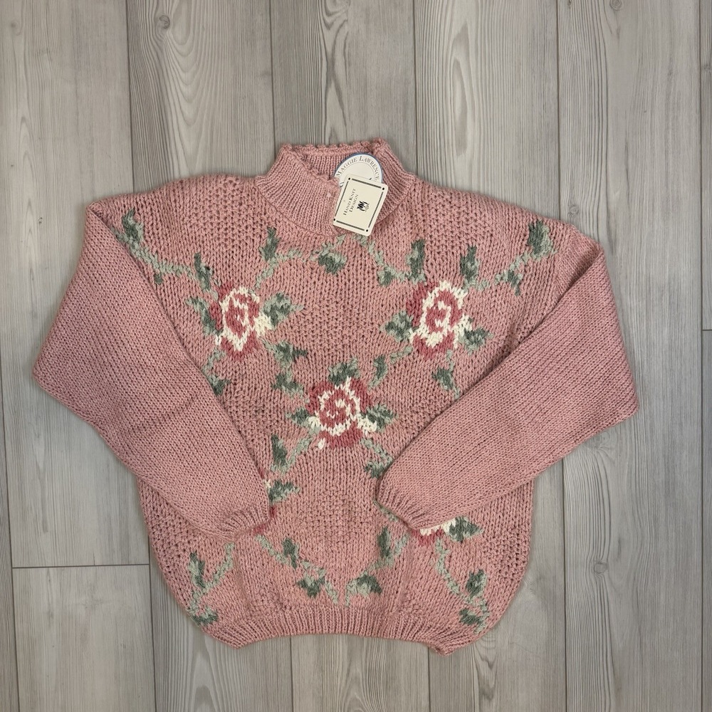 NWT Maggie Lawrence Sport‎ Hand Knit Large Floral VTG Pink Sweater Shoulder Pads
